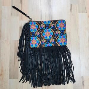 Style Heaven‎ Fringe Clutch Embroidered Floral Accents Wristlet Bag
